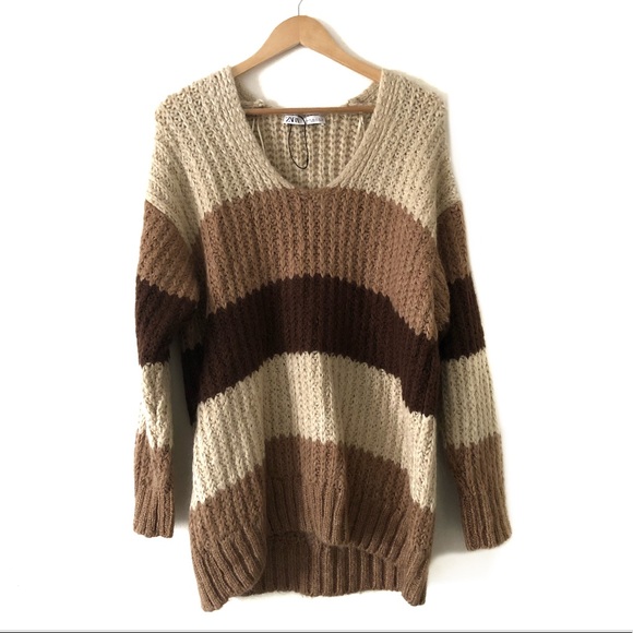 Zara Striped Oversized Knit Brown Fall Sweater - Picture 2 of 10